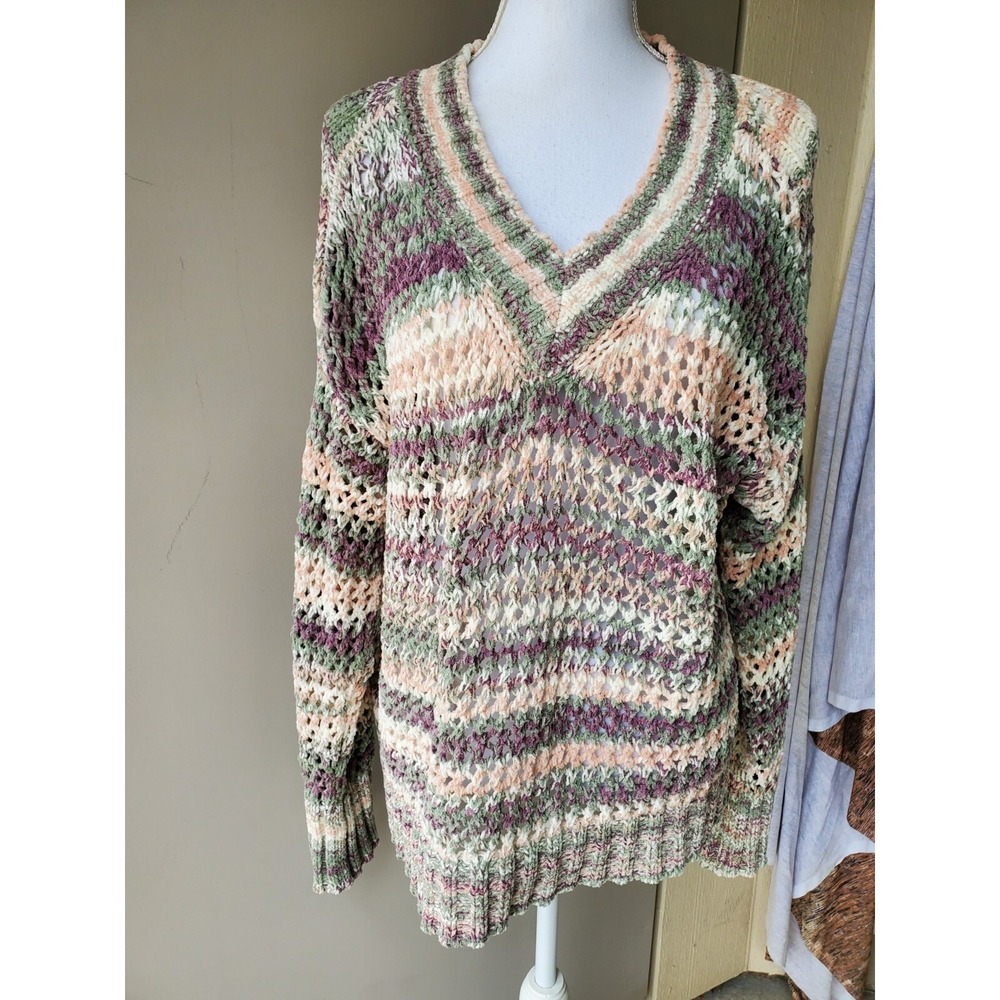 MOD Lusive Sweater Womens Large Purple Green Striped Chunky Knit Pullover V Neck